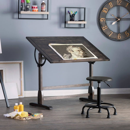 13314 Vintage Solid Wood Drawing & Drafting Table With 42 X 30 In. Adjustable Tilting Top Distressed Black